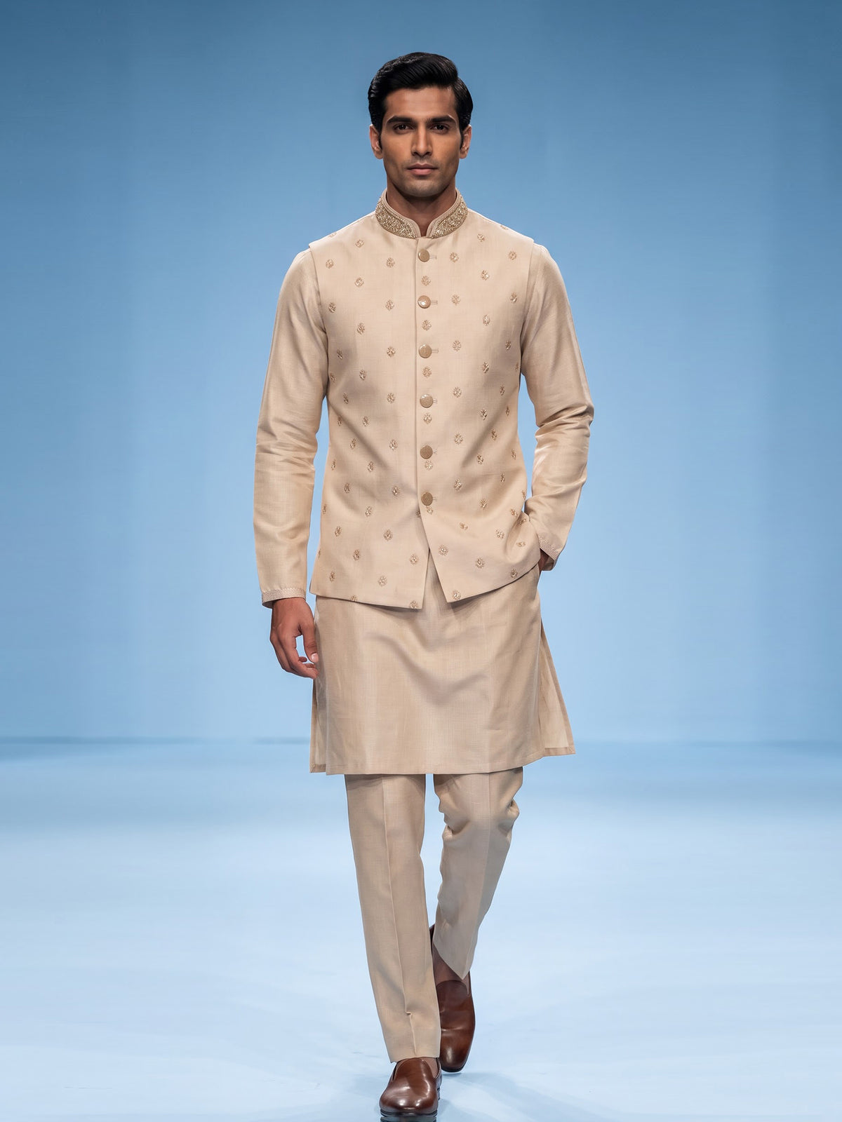 Antique beige zardosi embroidered bandhgala waistcoat set
