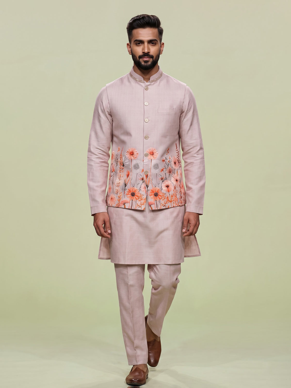 Blush pink floral print Nehru waistcoat kurta set