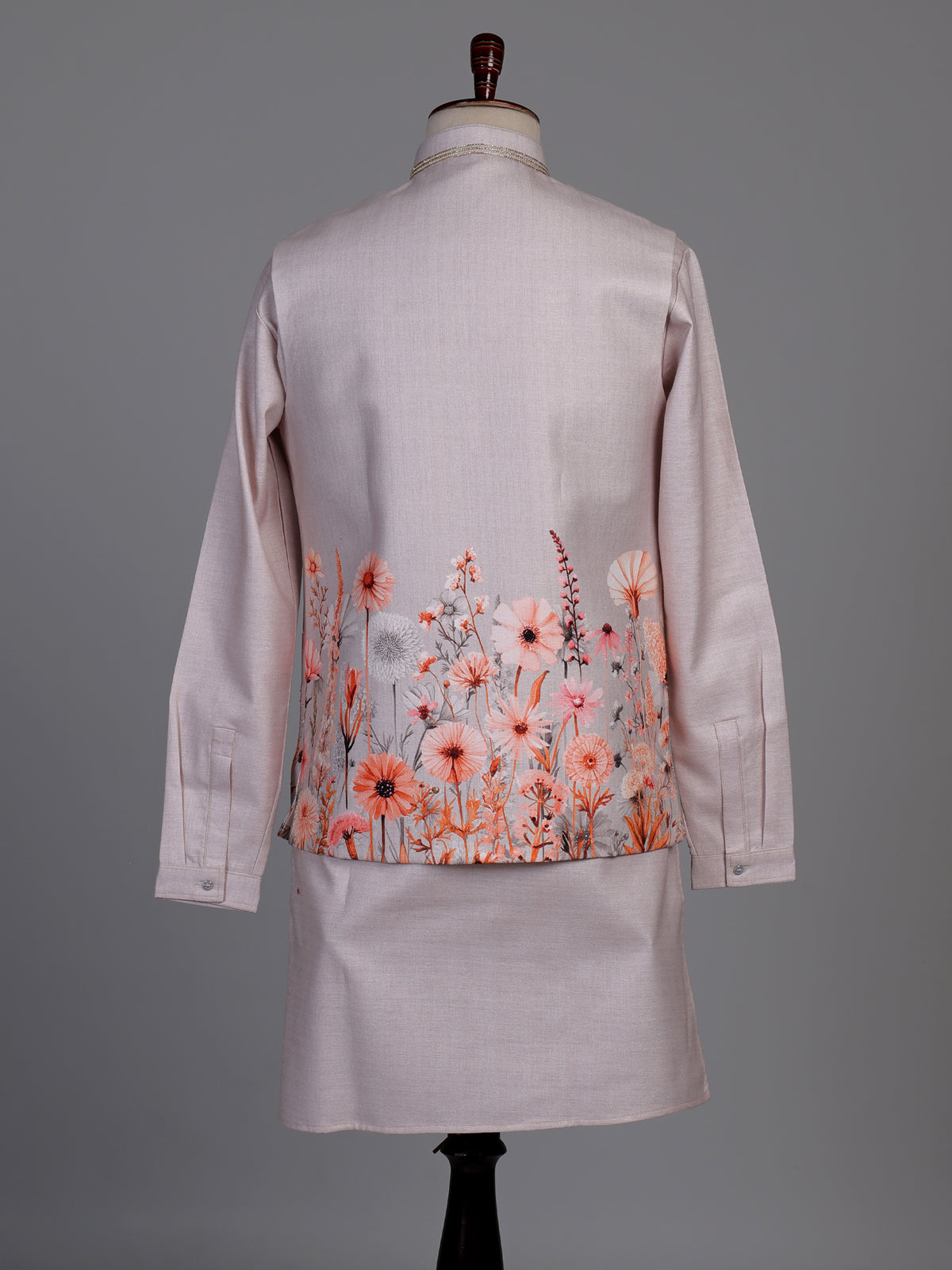 Blush pink floral print Nehru waistcoat kurta set