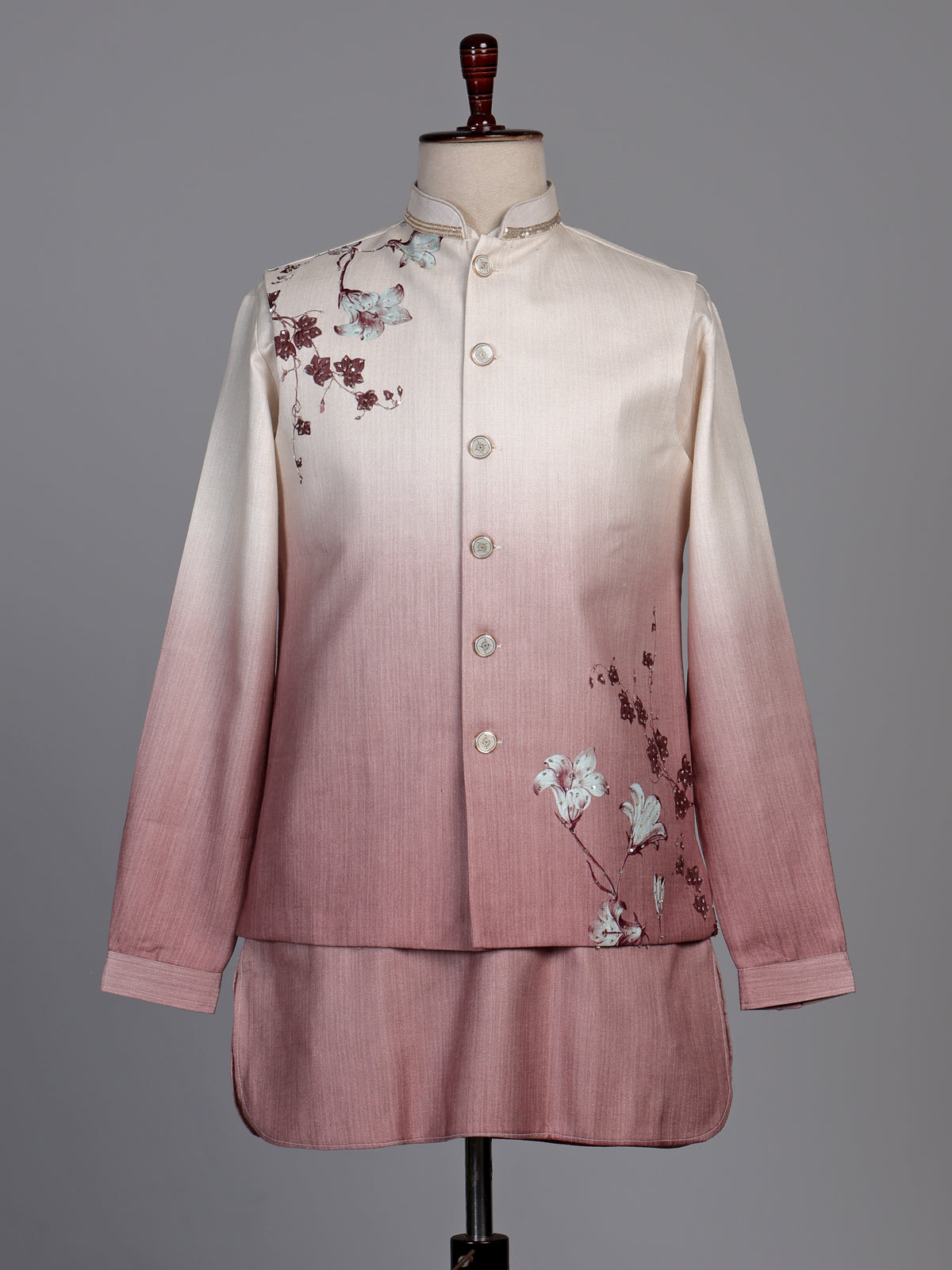 Onion pink ombre floral print silk waistcoat set