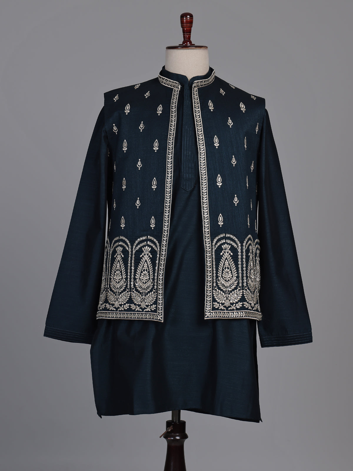 Midnight teal blue Kashmiri paisley embroidered waistcoat set