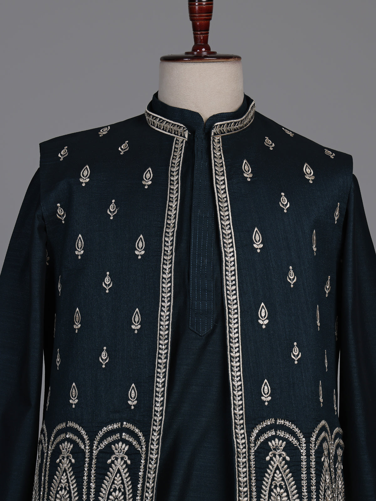 Midnight teal blue Kashmiri paisley embroidered waistcoat set