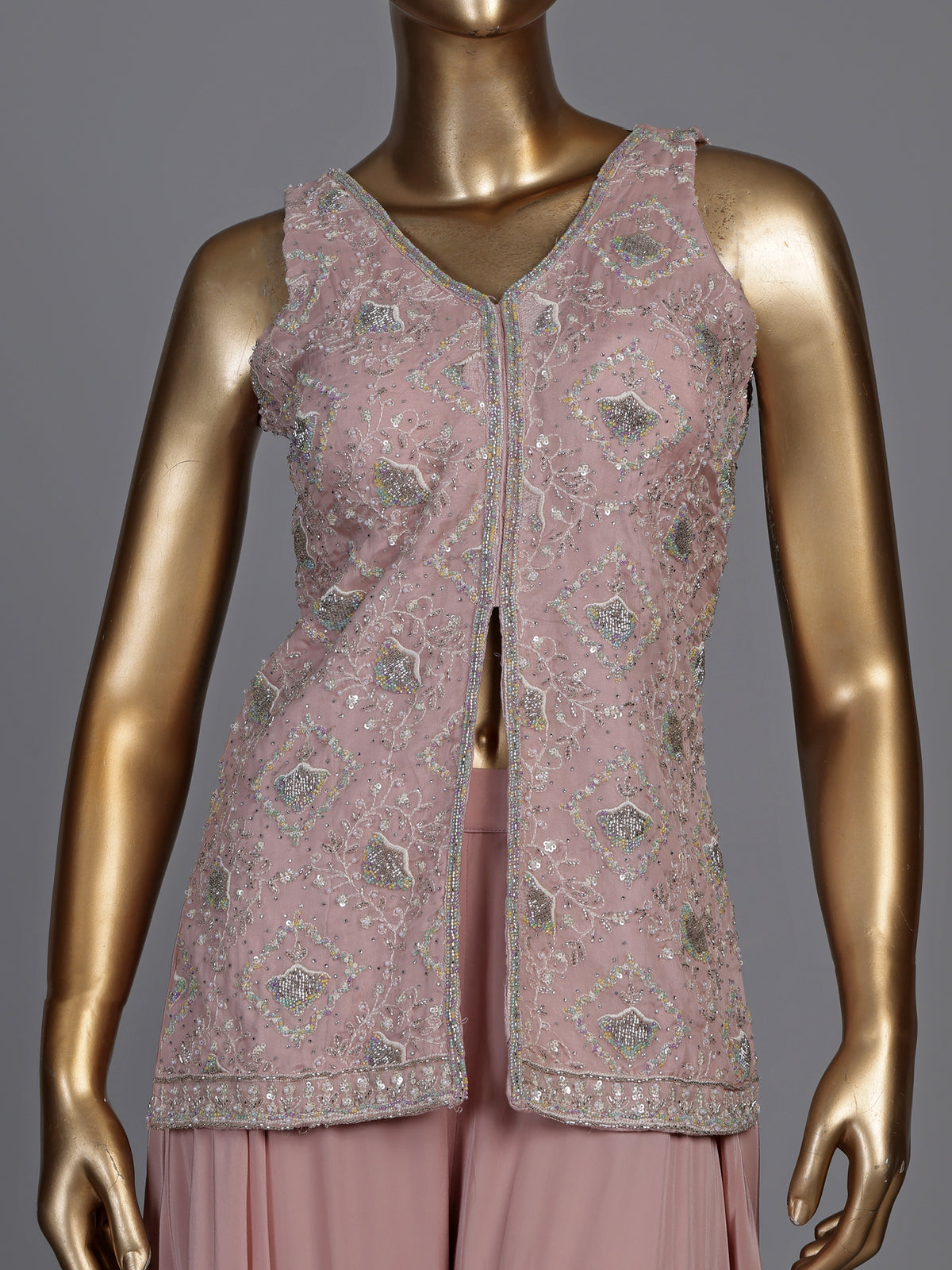 Peach organza and crepe embellished palazzo suit