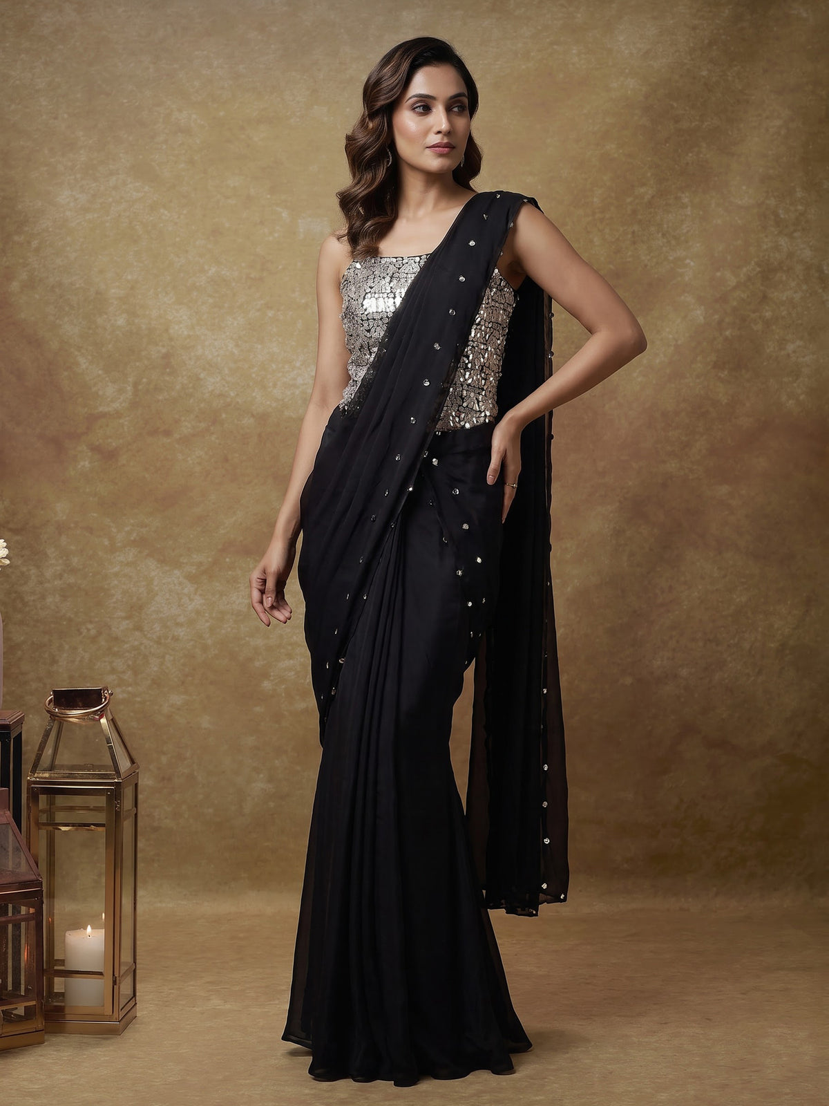 Midnight black georgette indowestern with embellished blouse and attached dupatta