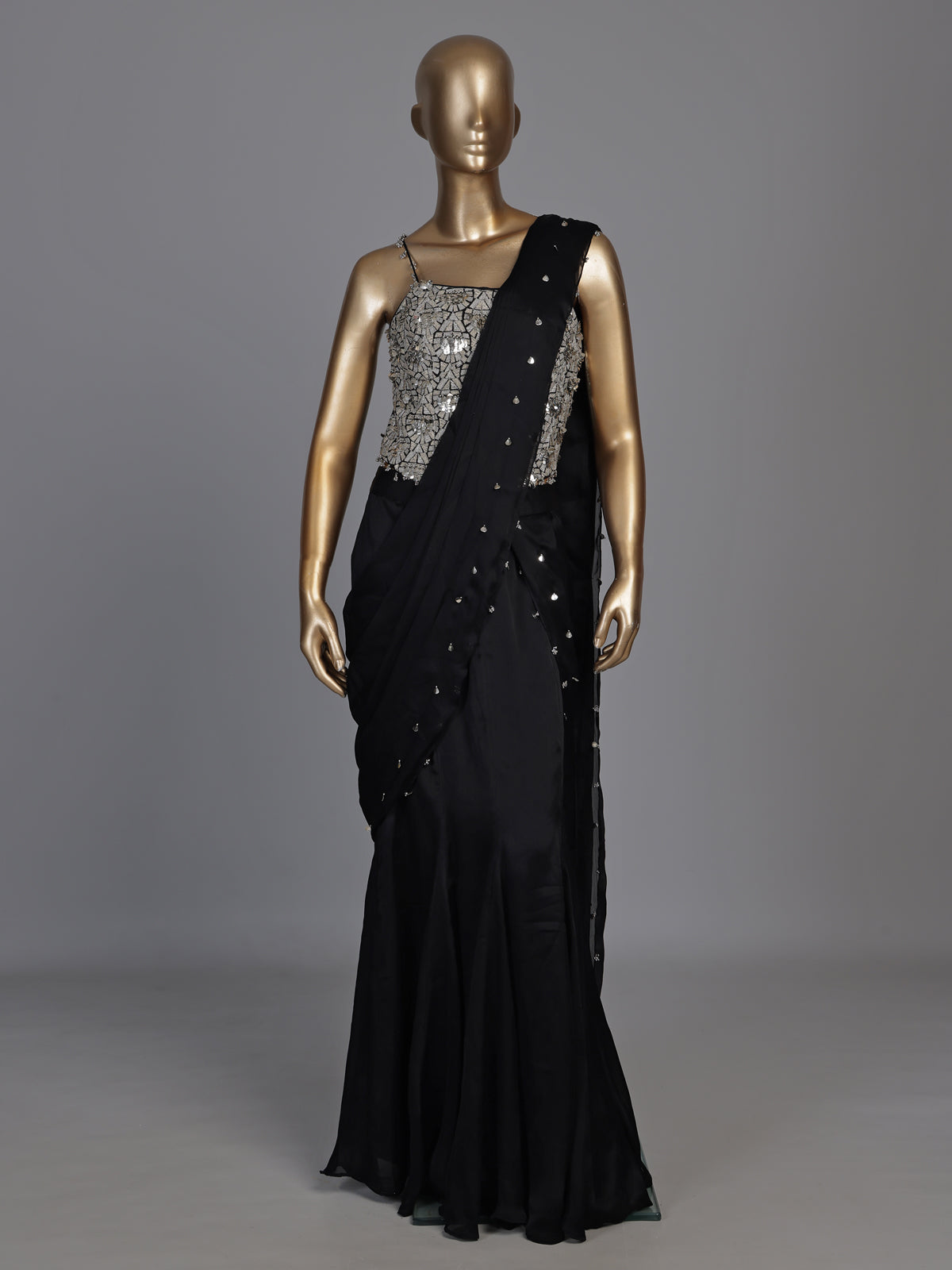 Midnight black georgette indowestern with embellished blouse and attached dupatta