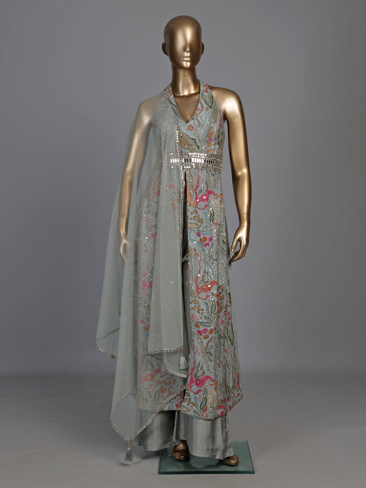 Elegant dusty mint blue anarkali suit with mirror embellishments
