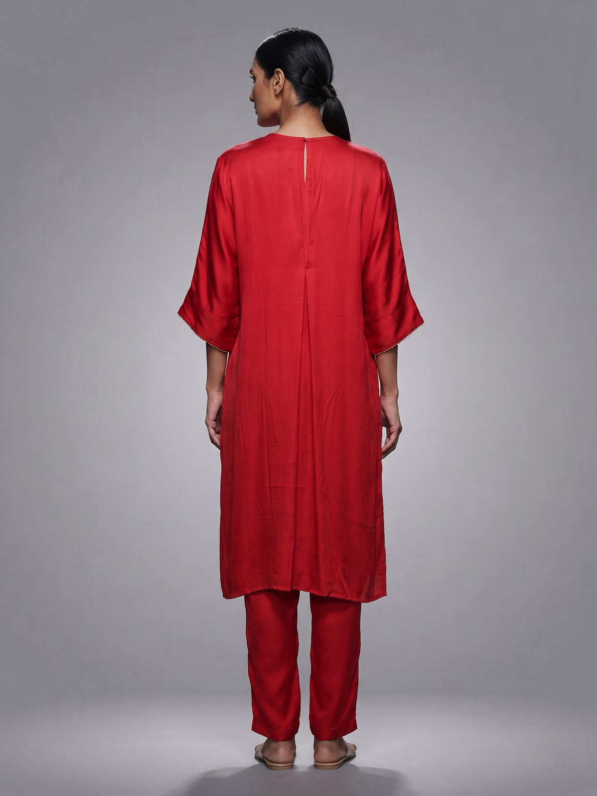 Vibrant red modal satin kurti set with cutdana detailing