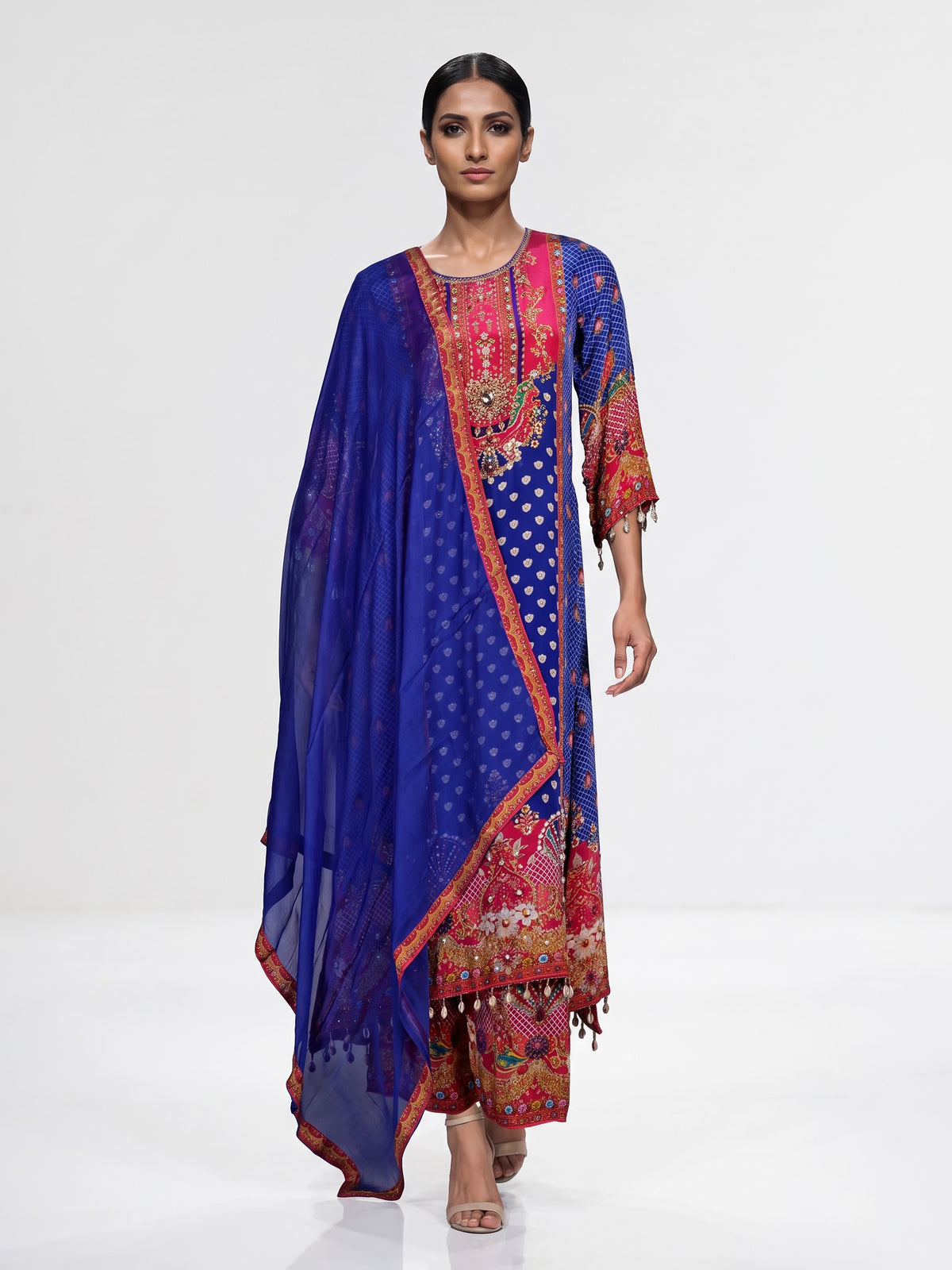 Royal blue pure crepe kurti set with embellished yoke