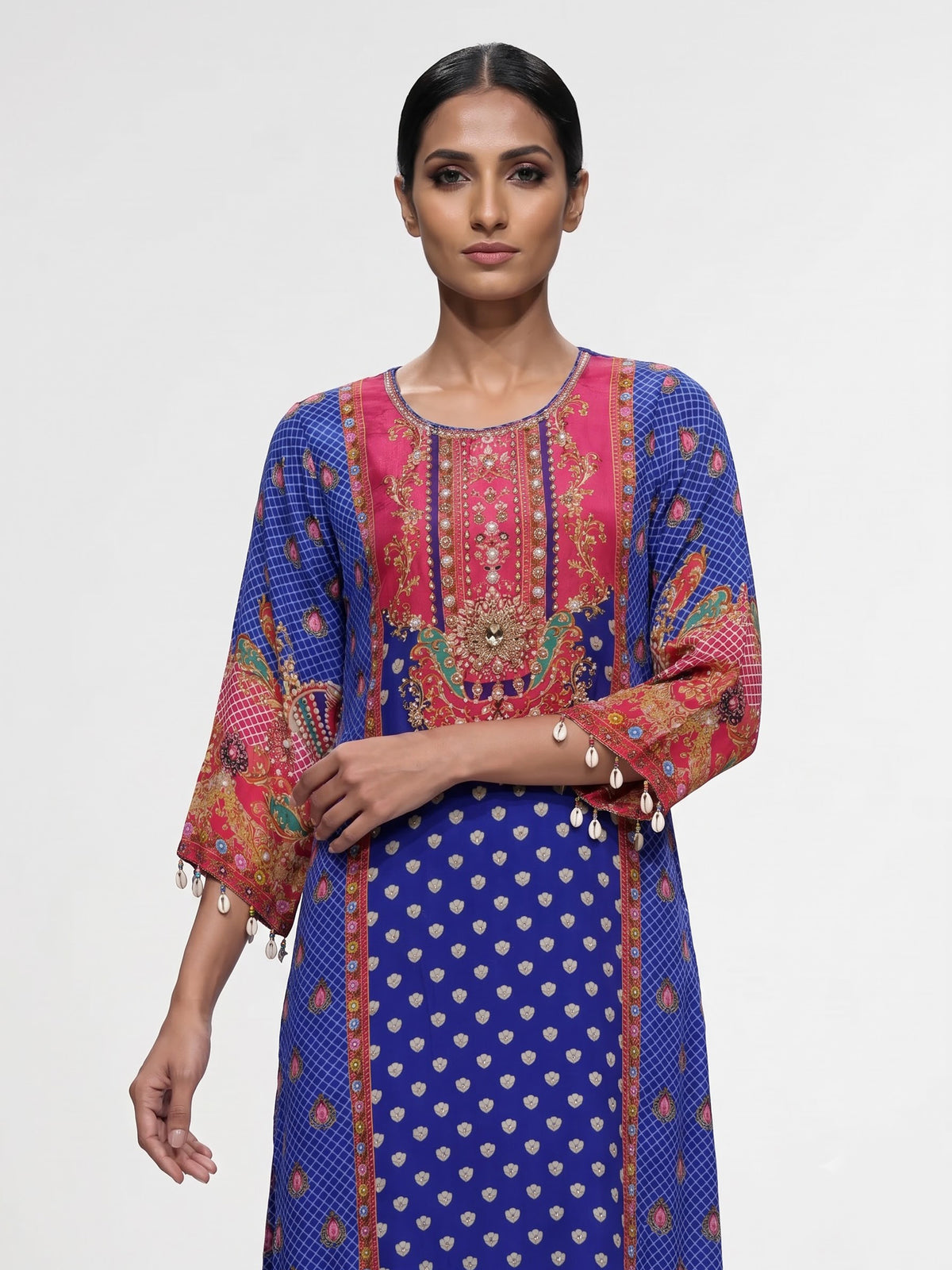 Royal blue pure crepe kurti set with embellished yoke