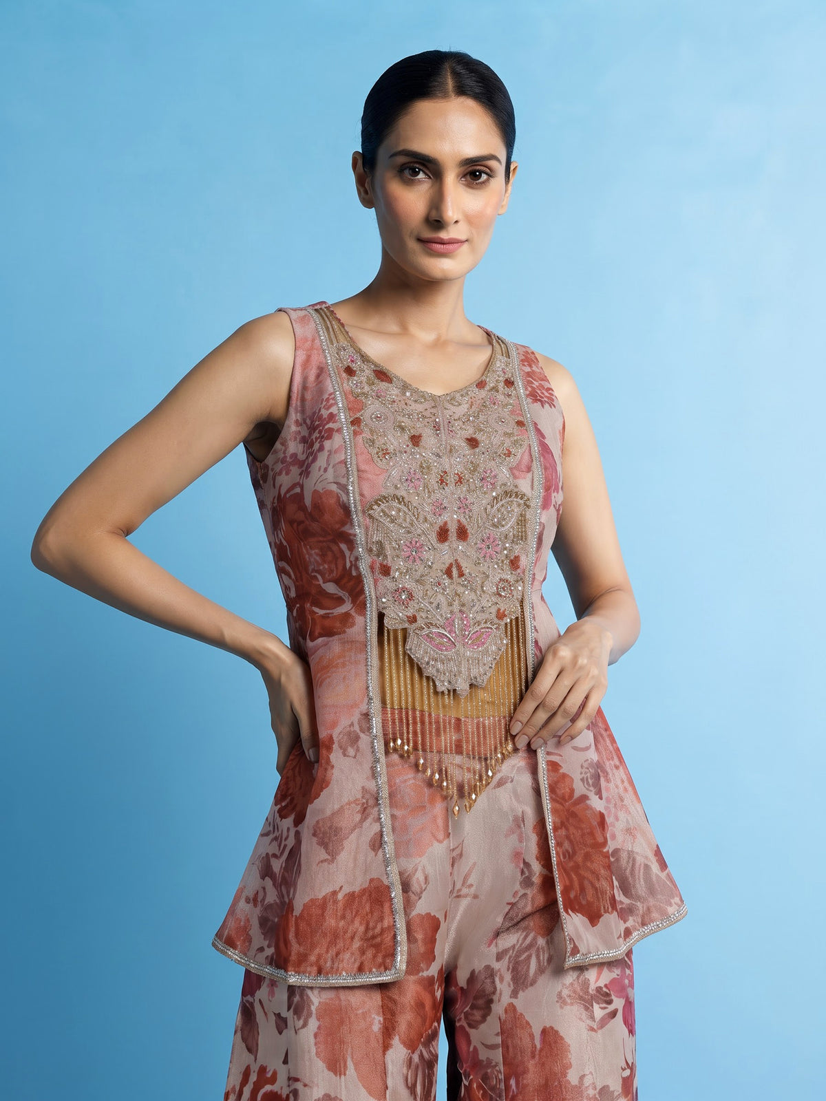 Onion pink floral jacquard palazzo suit with zardosi embellishments