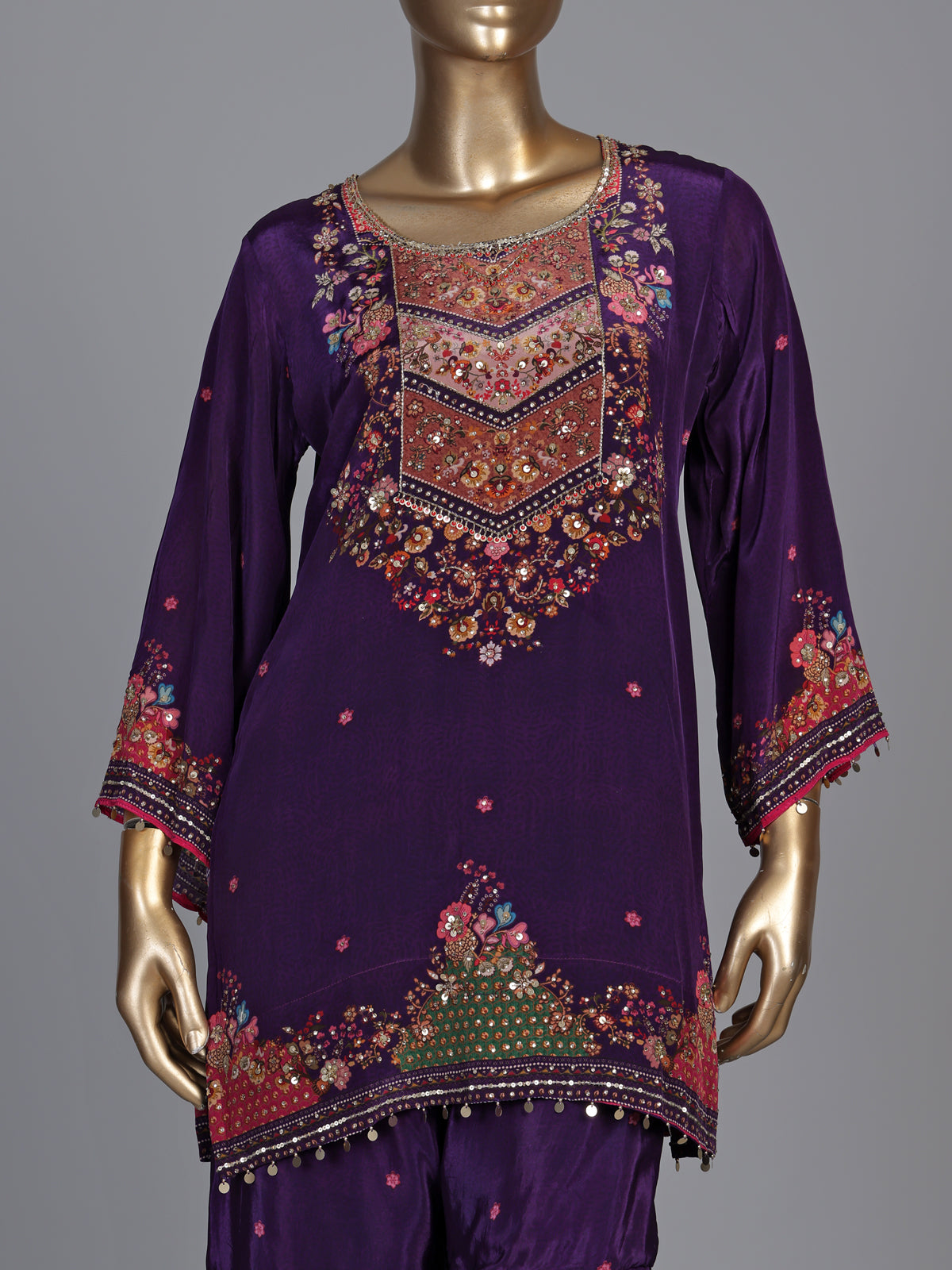 Dark purple satin crepe sharara suit with embellished yoke