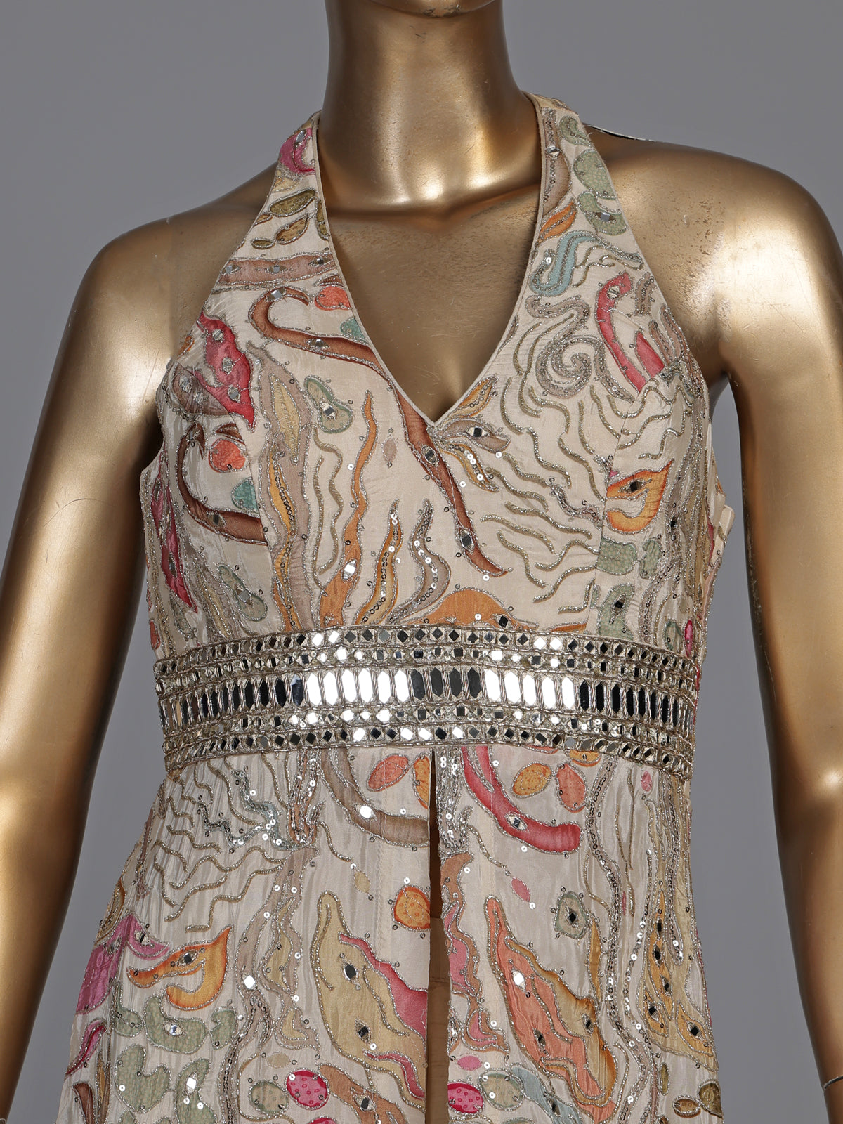 Beige chiffon and raw silk printed anarkali suit