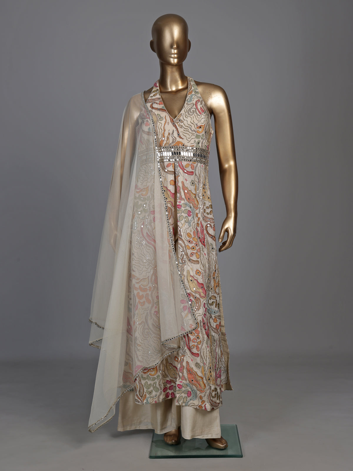Beige chiffon and raw silk printed anarkali suit