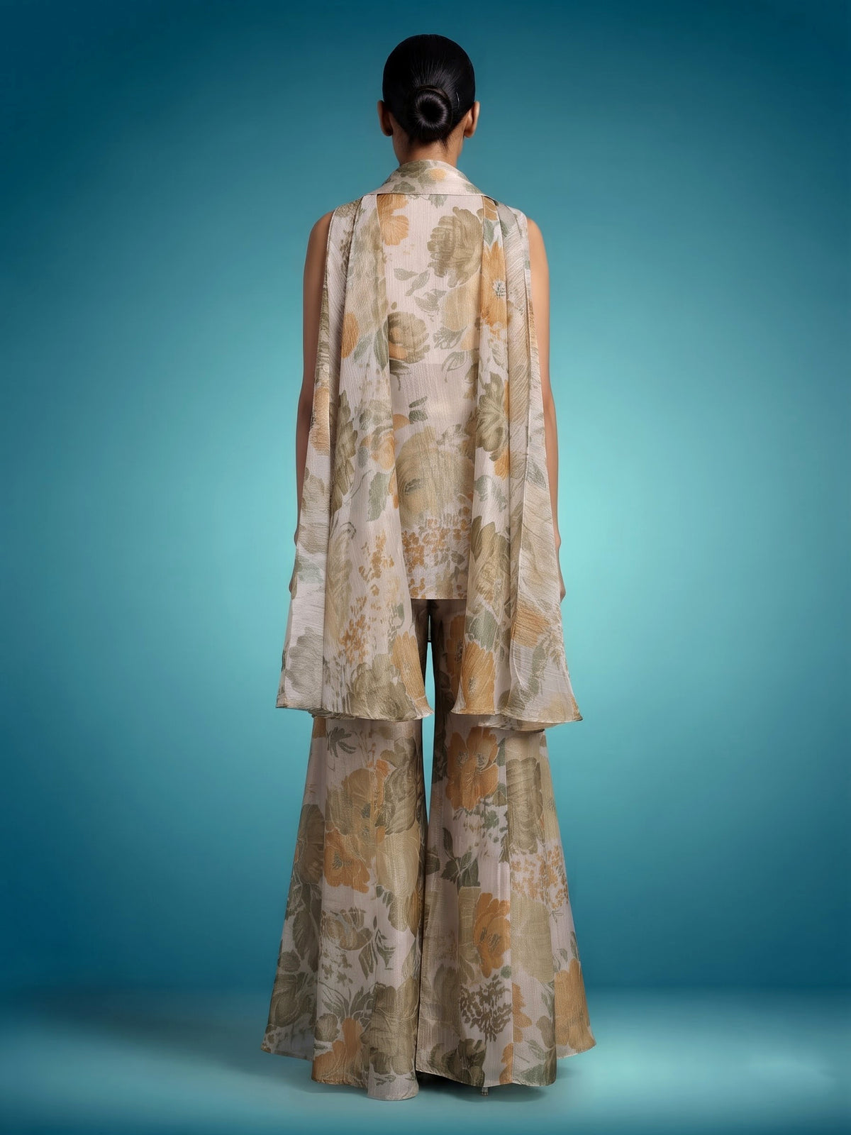 Light grey floral tissue silk palazzo suit with mustard print