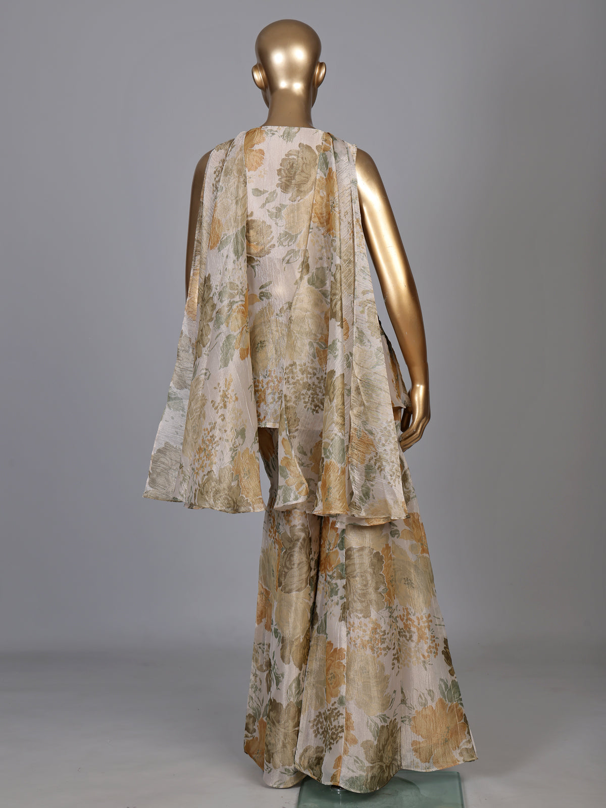 Light grey floral tissue silk palazzo suit with mustard print