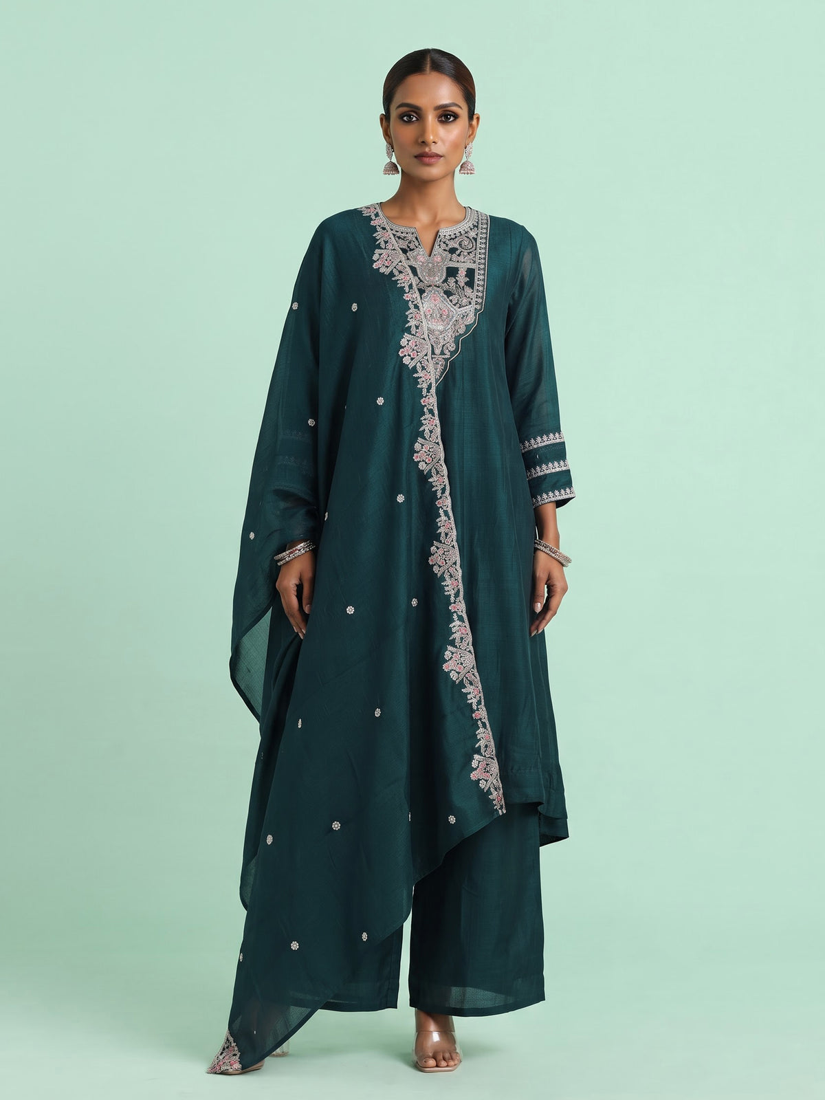 Bottle green chanderi silk anarkali suit with embellished sweetheart neckline
