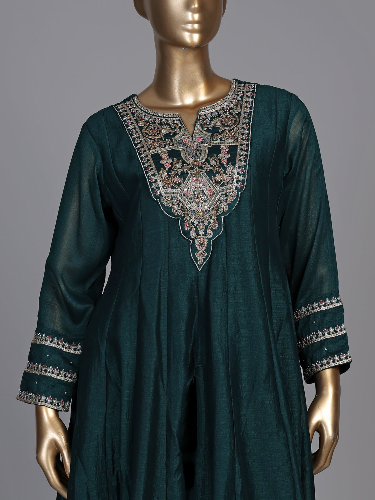 Bottle green chanderi silk anarkali suit with embellished sweetheart neckline