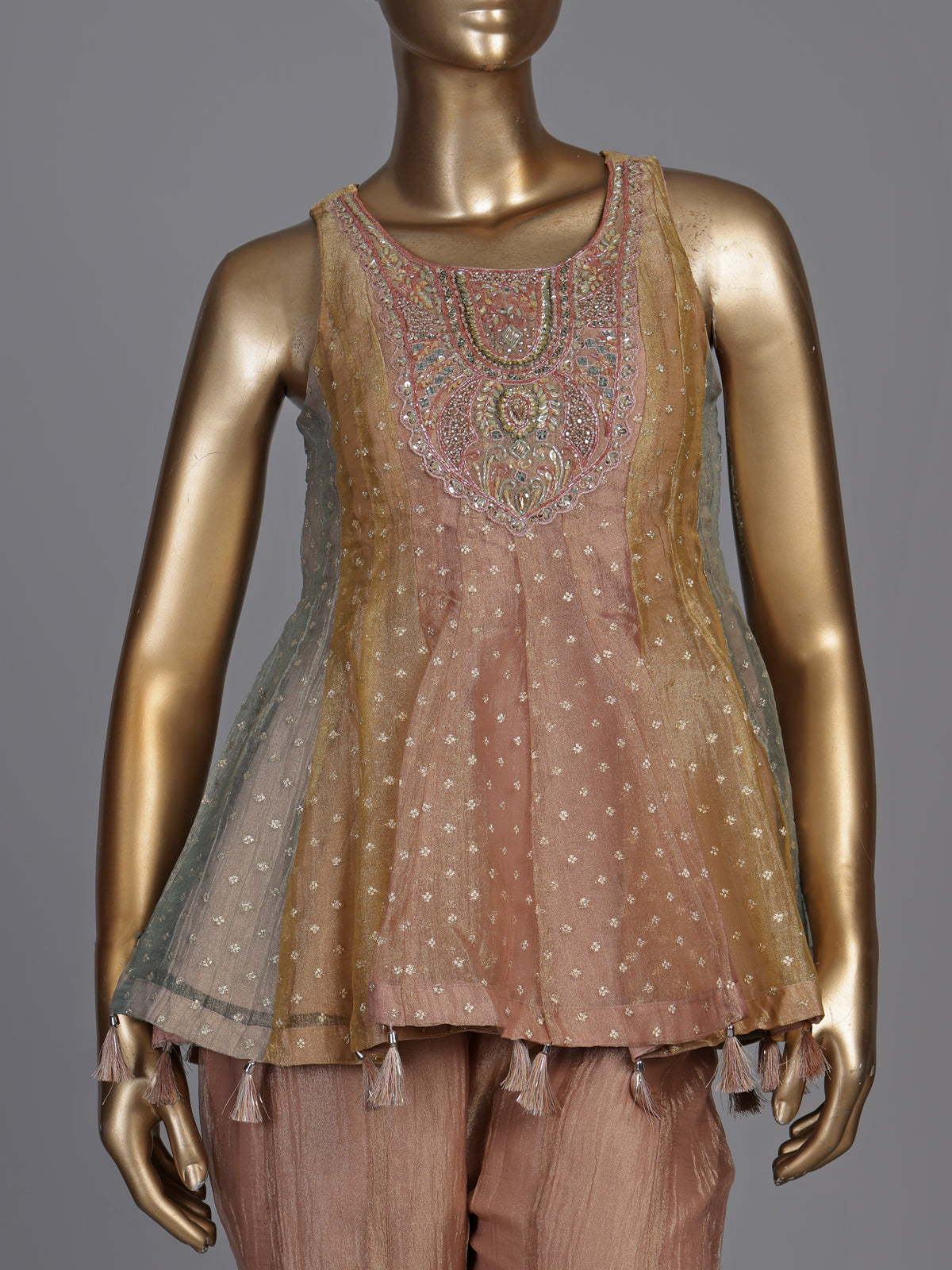 Peach dual-tone lurex tissue suit with zardosi embellished palazzo