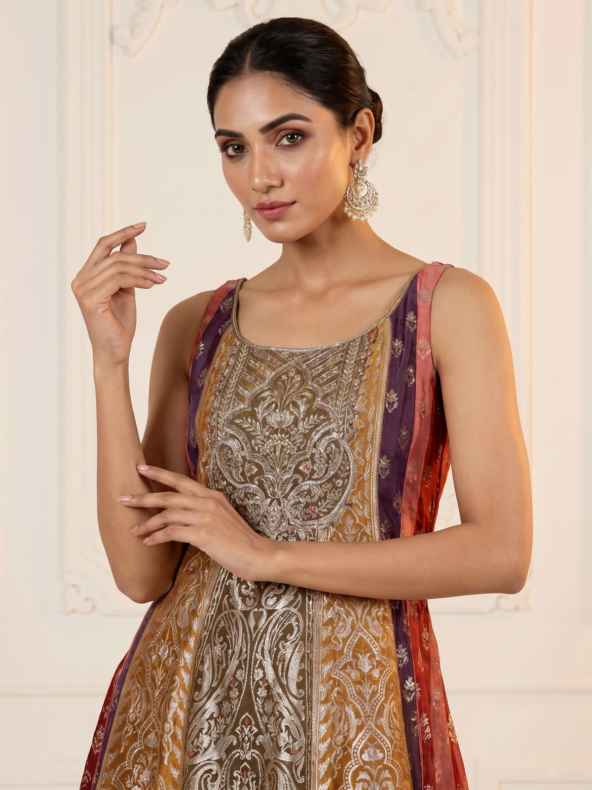 Multicolour banarasi jacquard anarkali suit with palazzo and dupatta