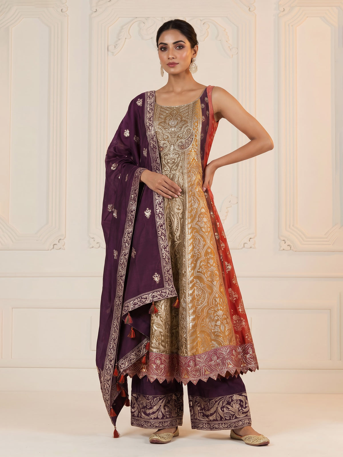 Multicolour banarasi jacquard anarkali suit with palazzo and dupatta