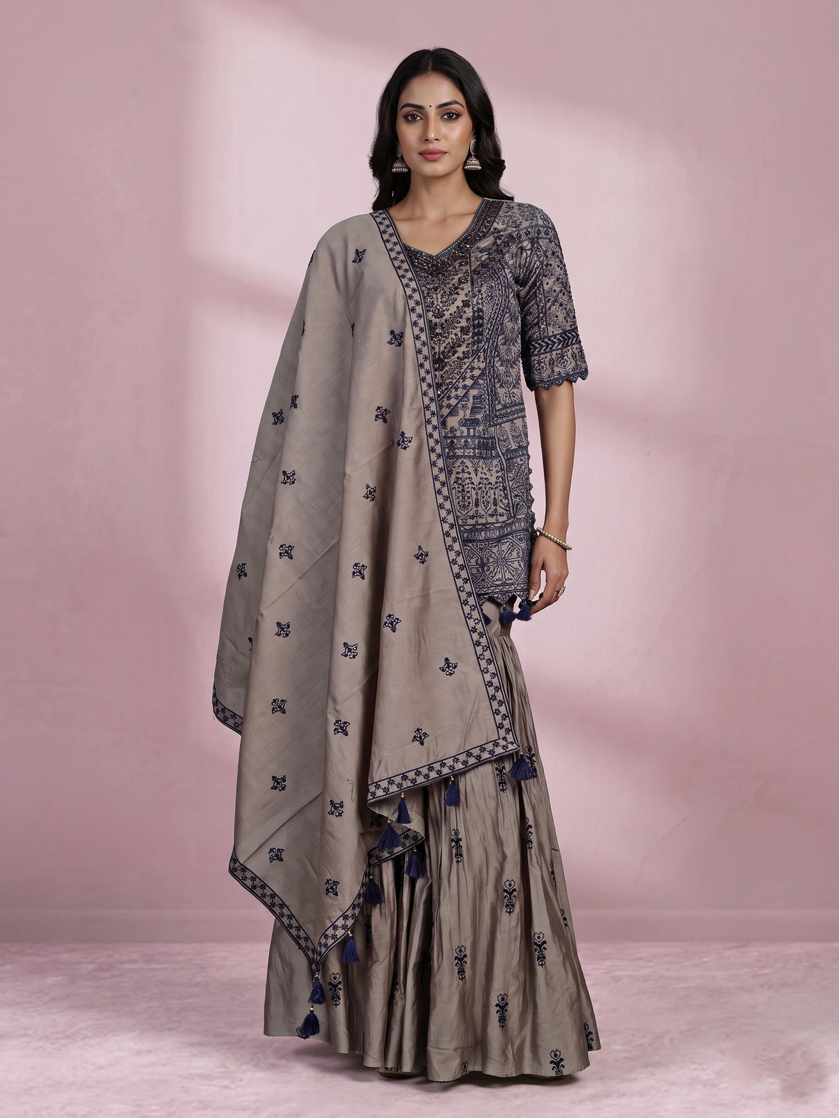 Graceful grey pakistani sharara suit with blue embroidery