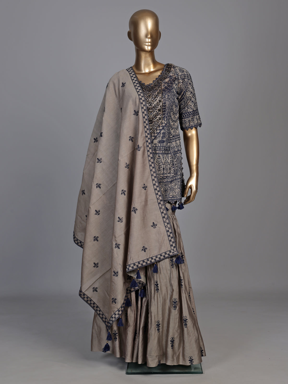 Graceful grey pakistani sharara suit with blue embroidery