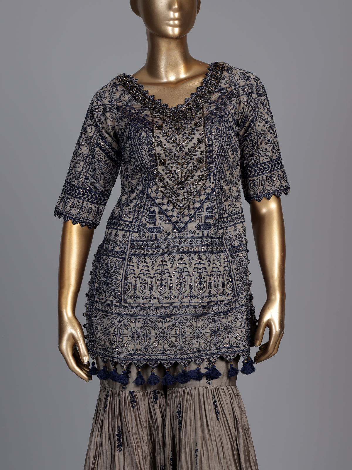 Graceful grey pakistani sharara suit with blue embroidery