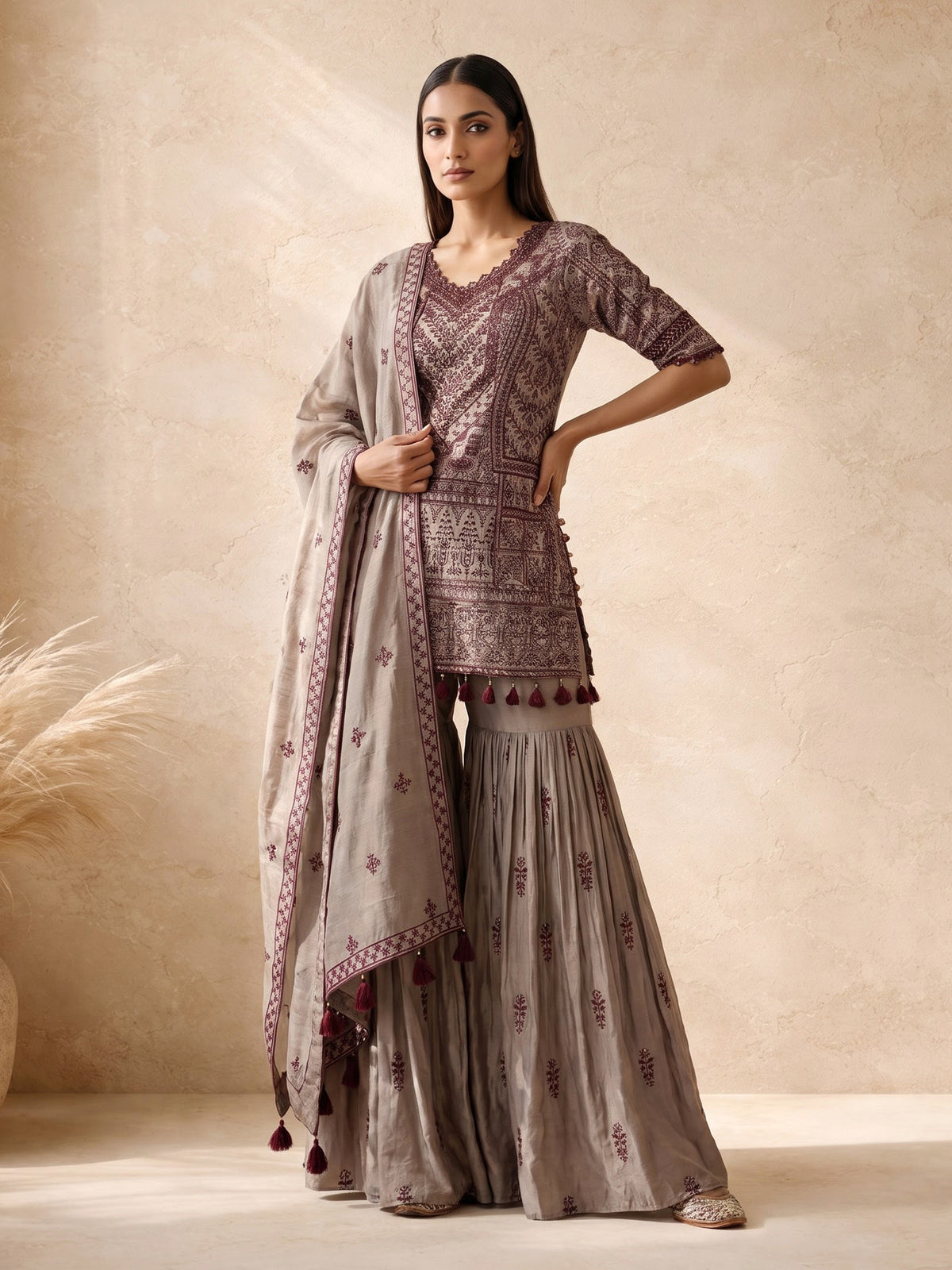 Elegant grey pakistani sharara suit with maroon embroidery and dupatta