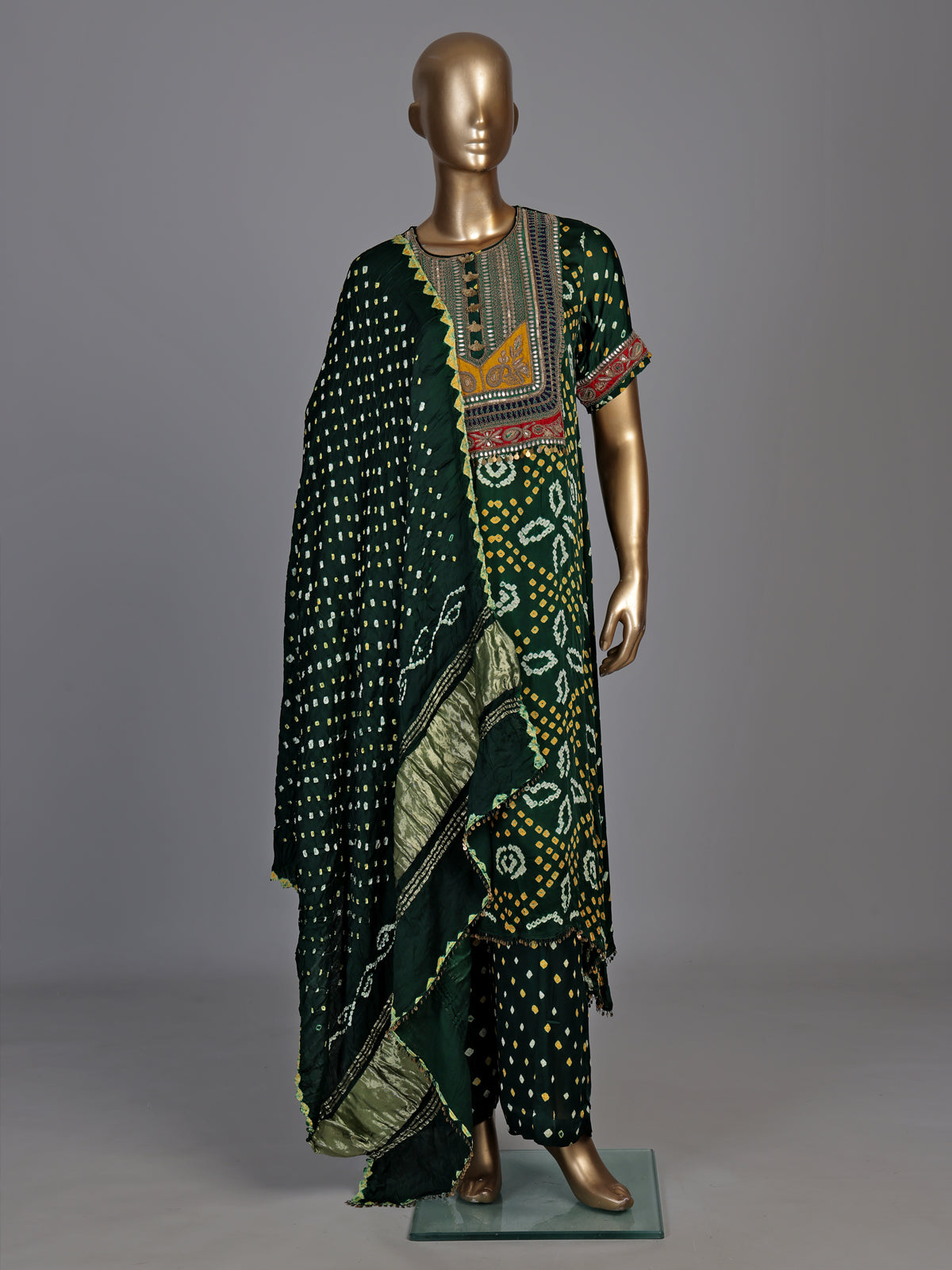 Green pure silk bandhani suit with gota and zardosi embellishments