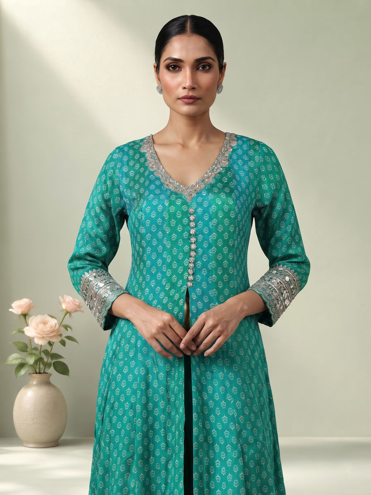 Green modal silk printed anarkali suit with diamond and zardosi work