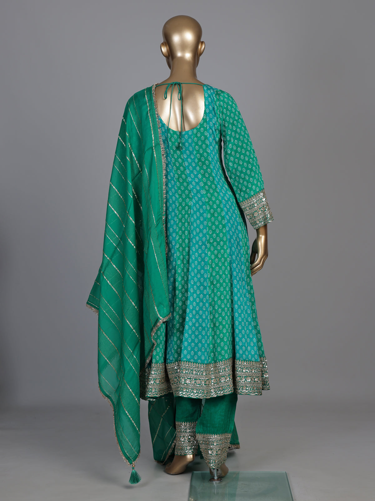 Green modal silk printed anarkali suit with diamond and zardosi work
