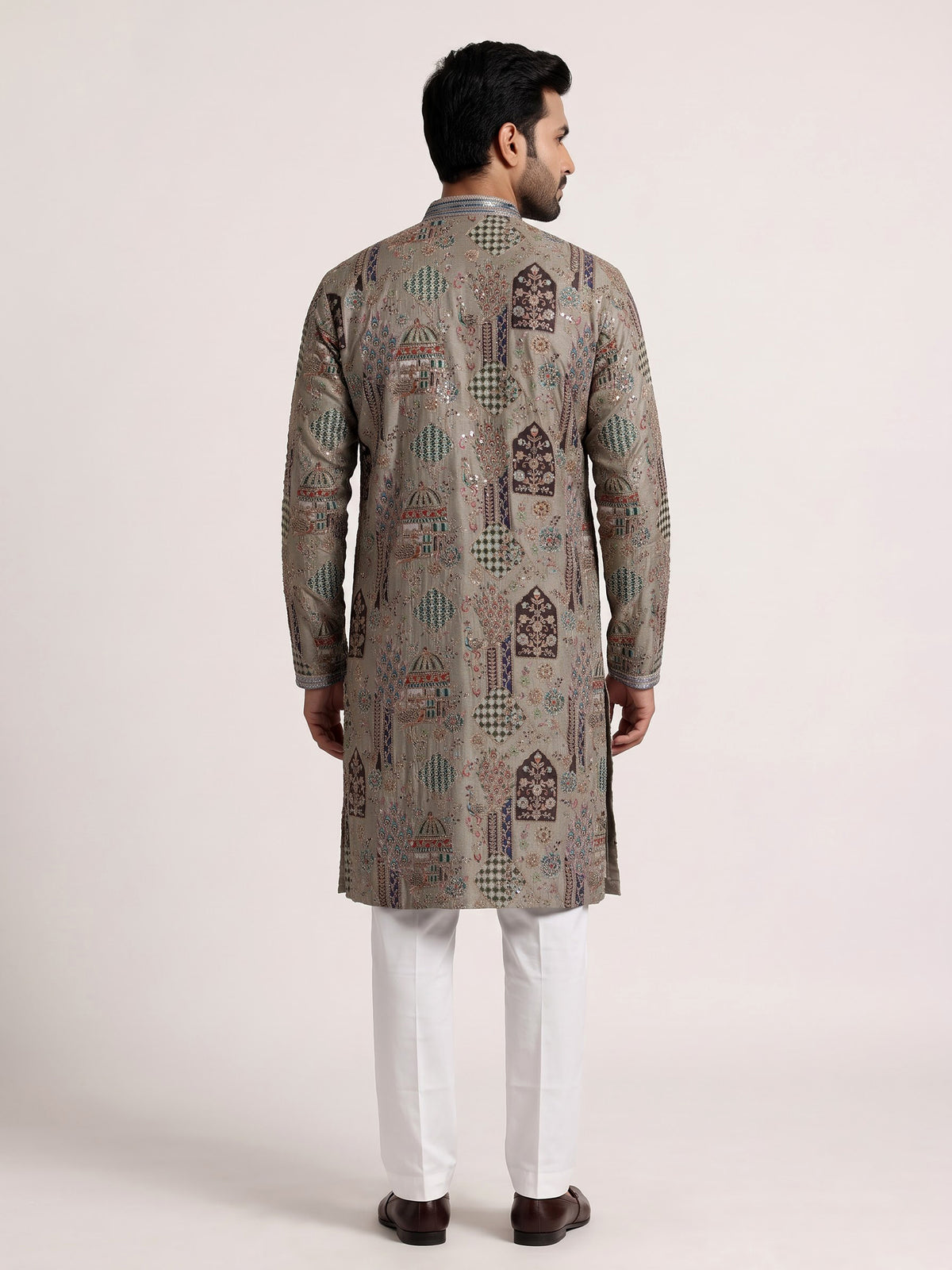 Ash grey silk kurta suit with palace inspired embroidery