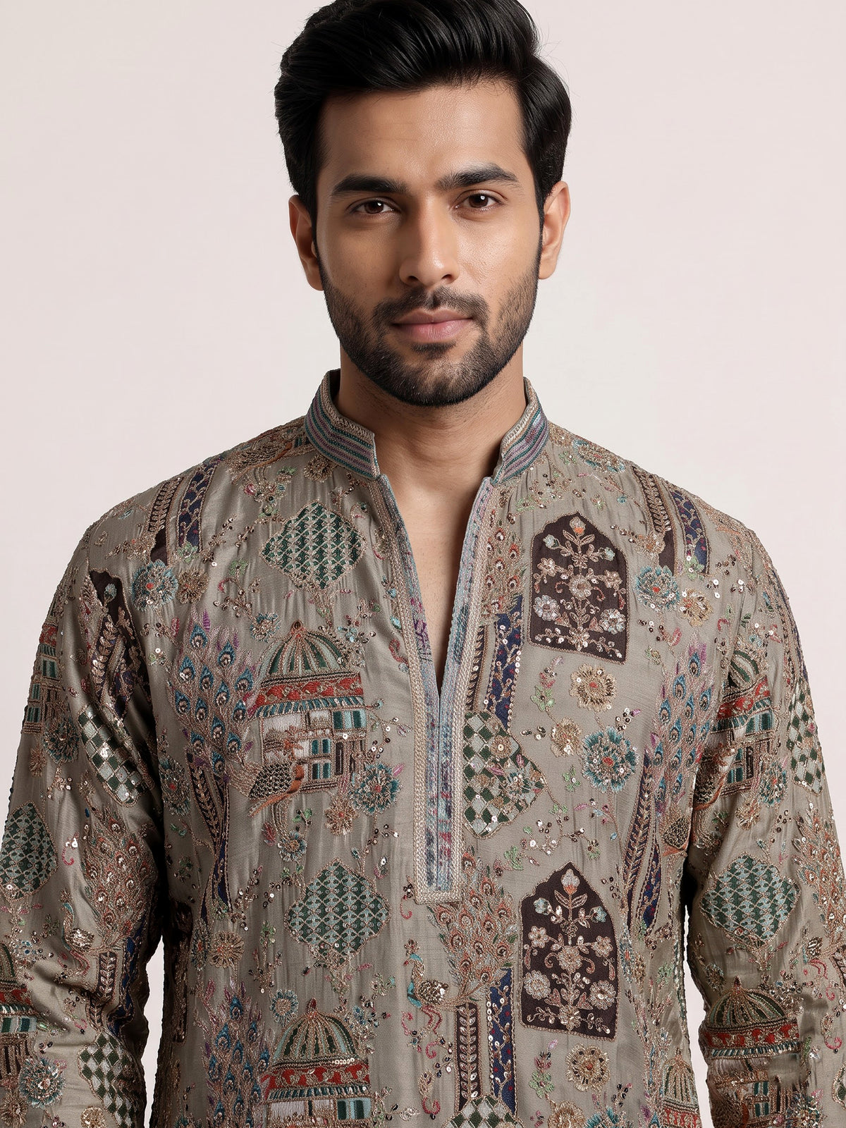 Ash grey silk kurta suit with palace inspired embroidery