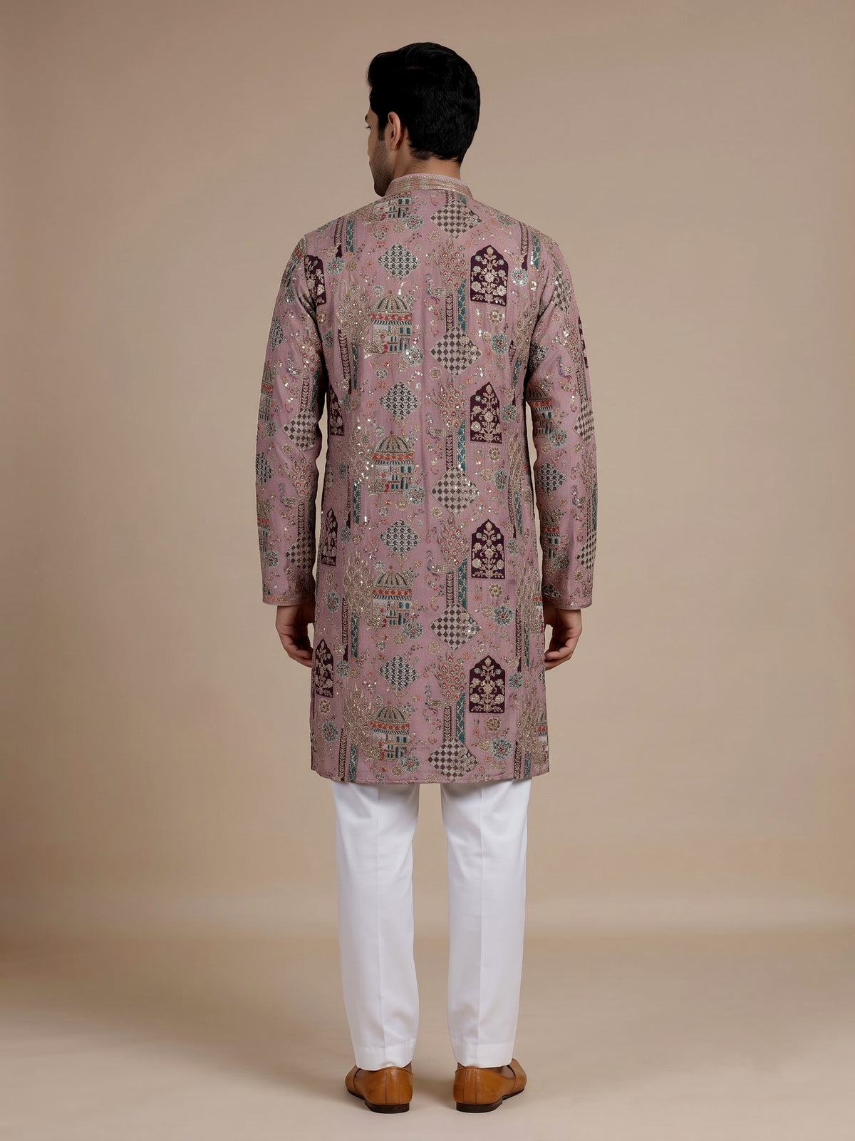 Rose pink silk kurta suit with mughal architectural thread work