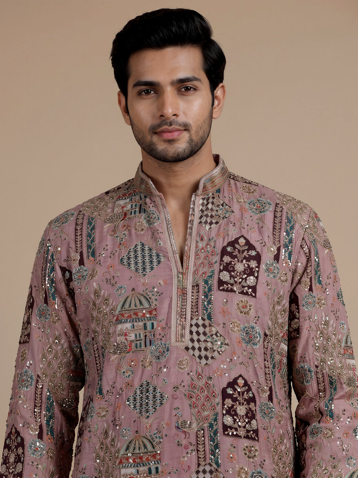 Rose pink silk kurta suit with mughal architectural thread work
