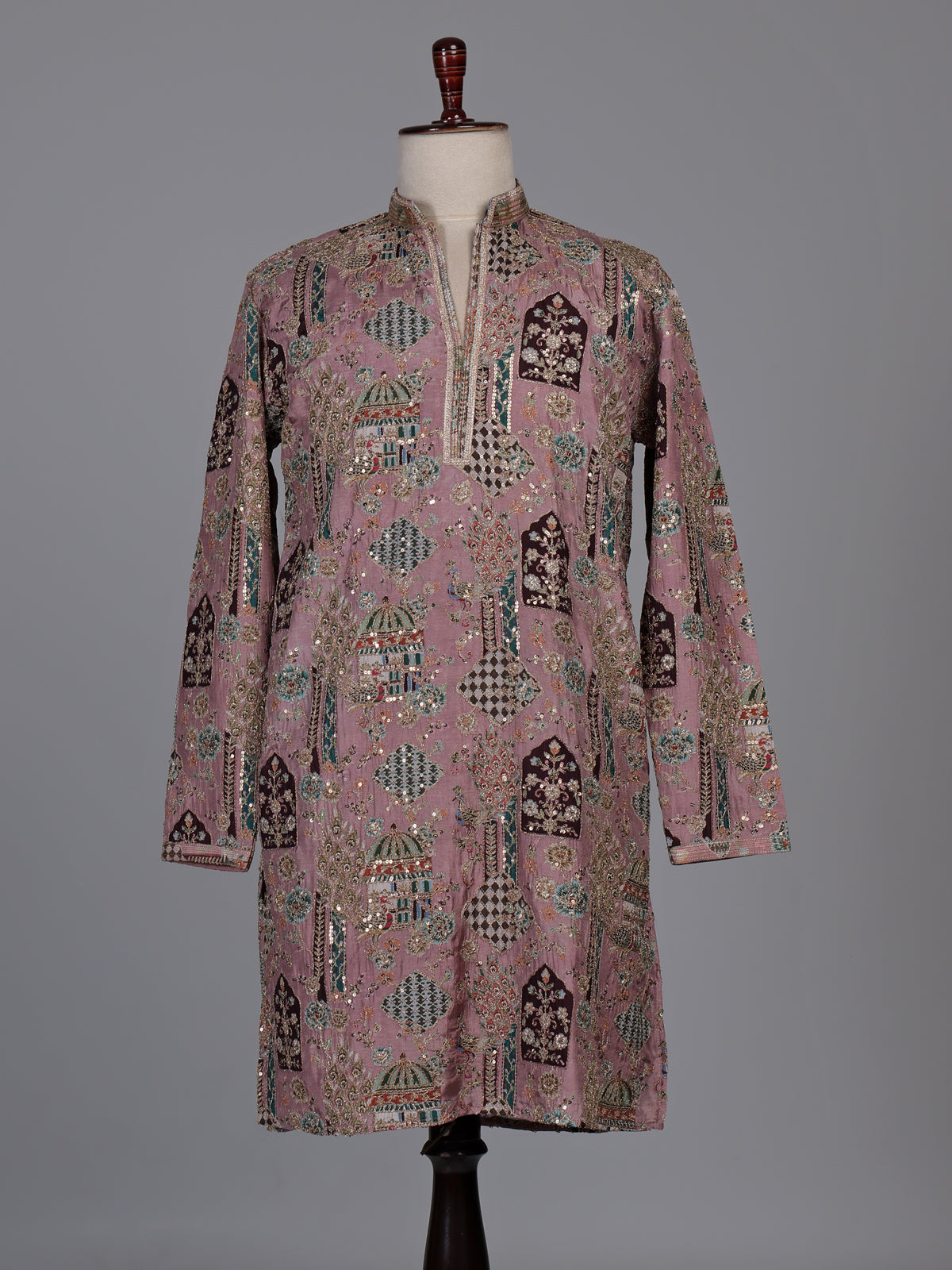Rose pink silk kurta suit with mughal architectural thread work