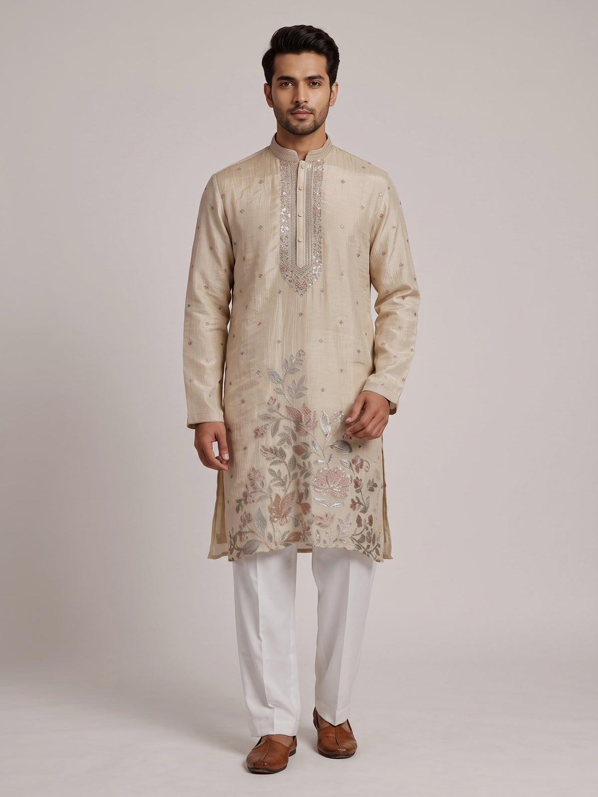 Pale cream dupion silk kurta suit with floral embroidery