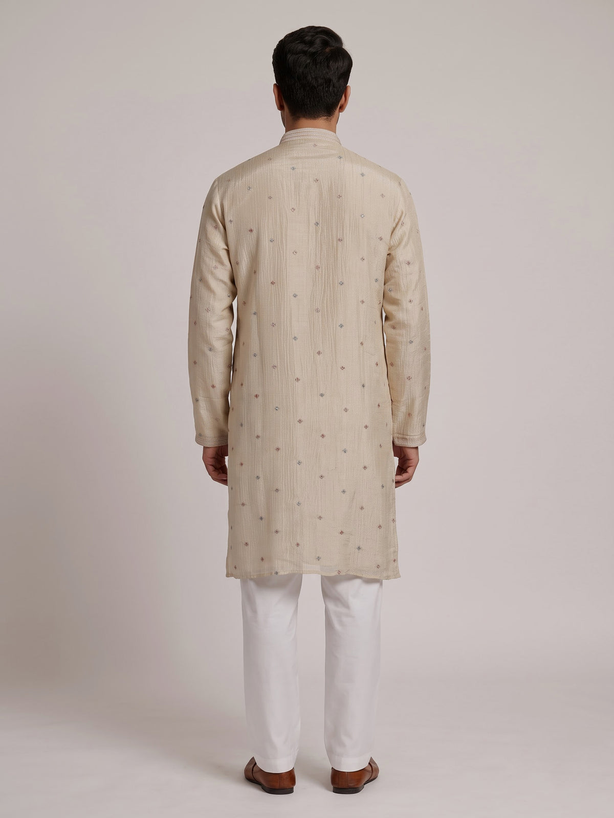 Pale cream dupion silk kurta suit with floral embroidery