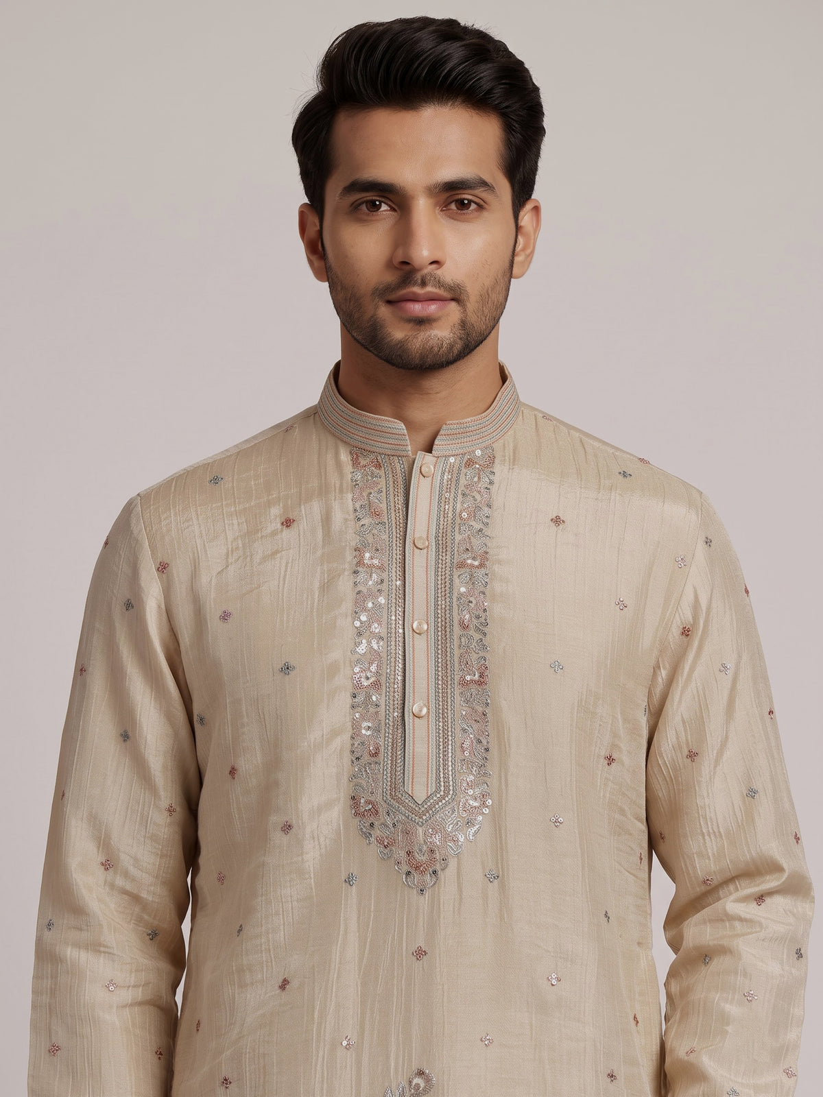 Pale cream dupion silk kurta suit with floral embroidery