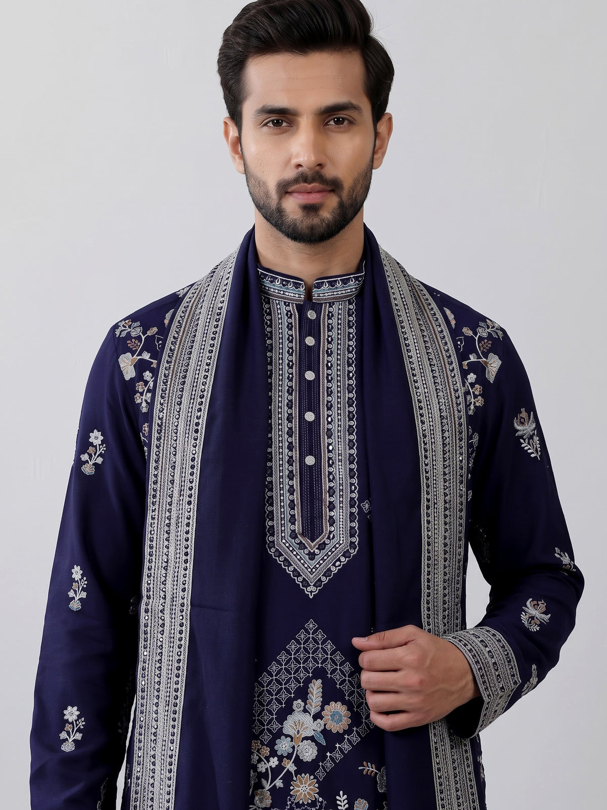 Navy georgette kurta suit with embroidered swan motifs