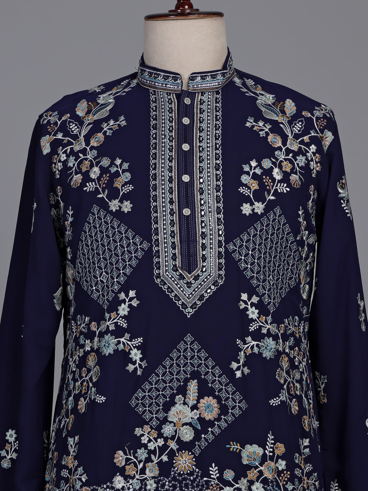 Navy georgette kurta suit with embroidered swan motifs