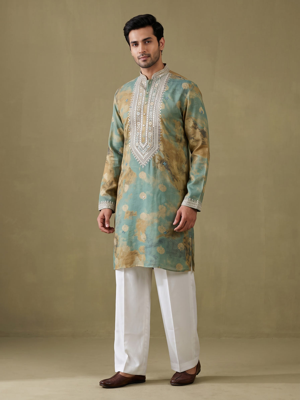 Sea green silk kurta suit with mirror work embroidered neckline