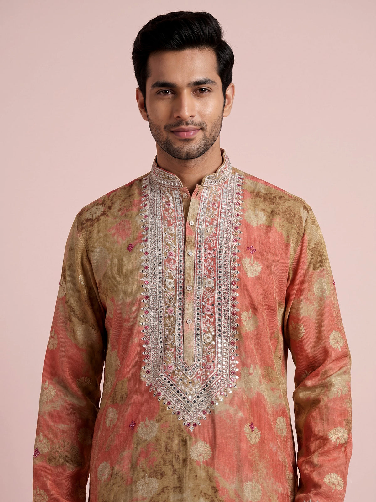 Coral peach ombre silk kurta suit with mirror detailing