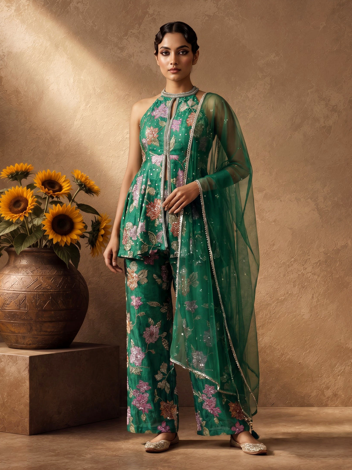 Green organza silk floral suit with mirror work palazzo