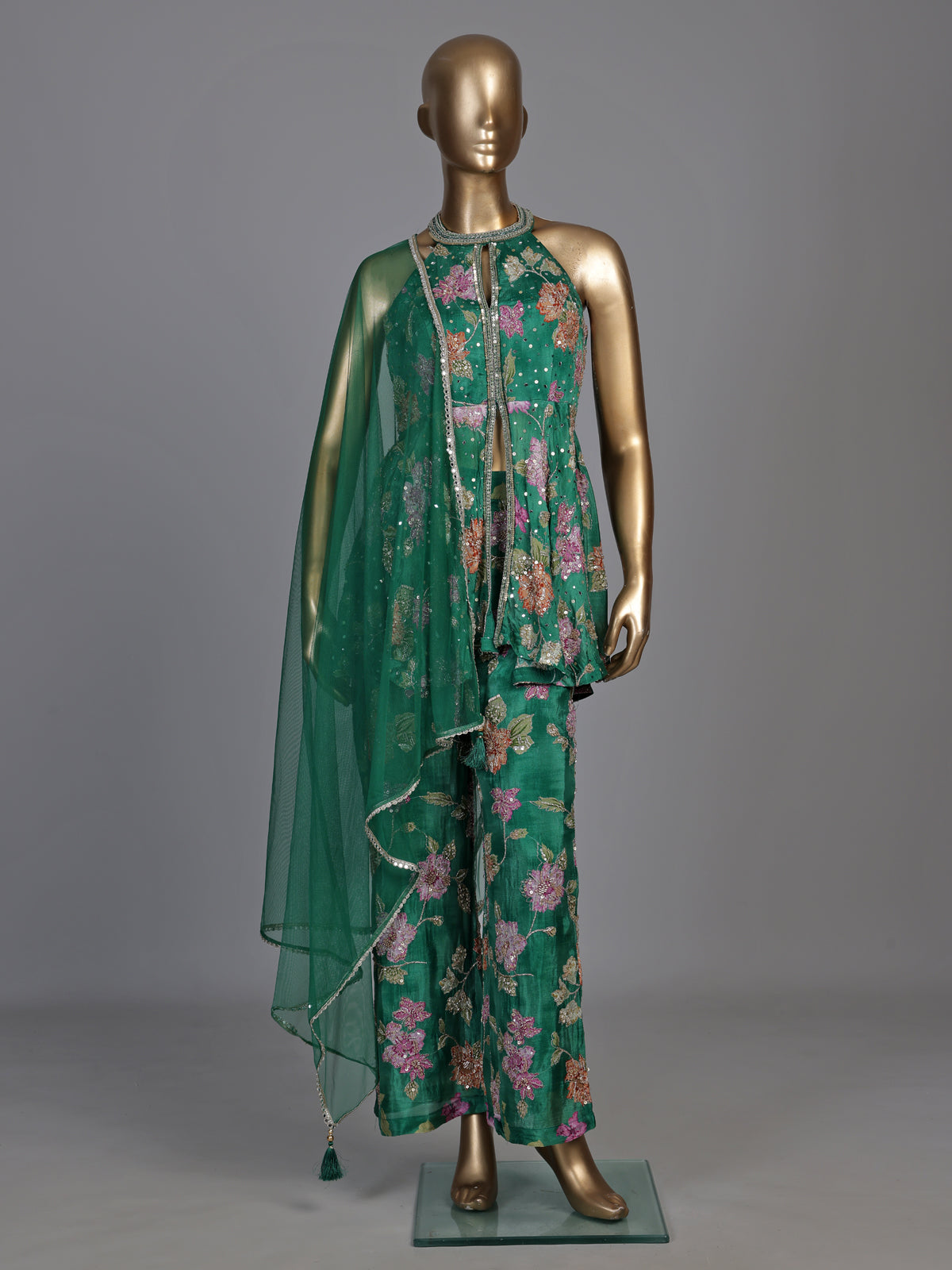 Green organza silk floral suit with mirror work palazzo
