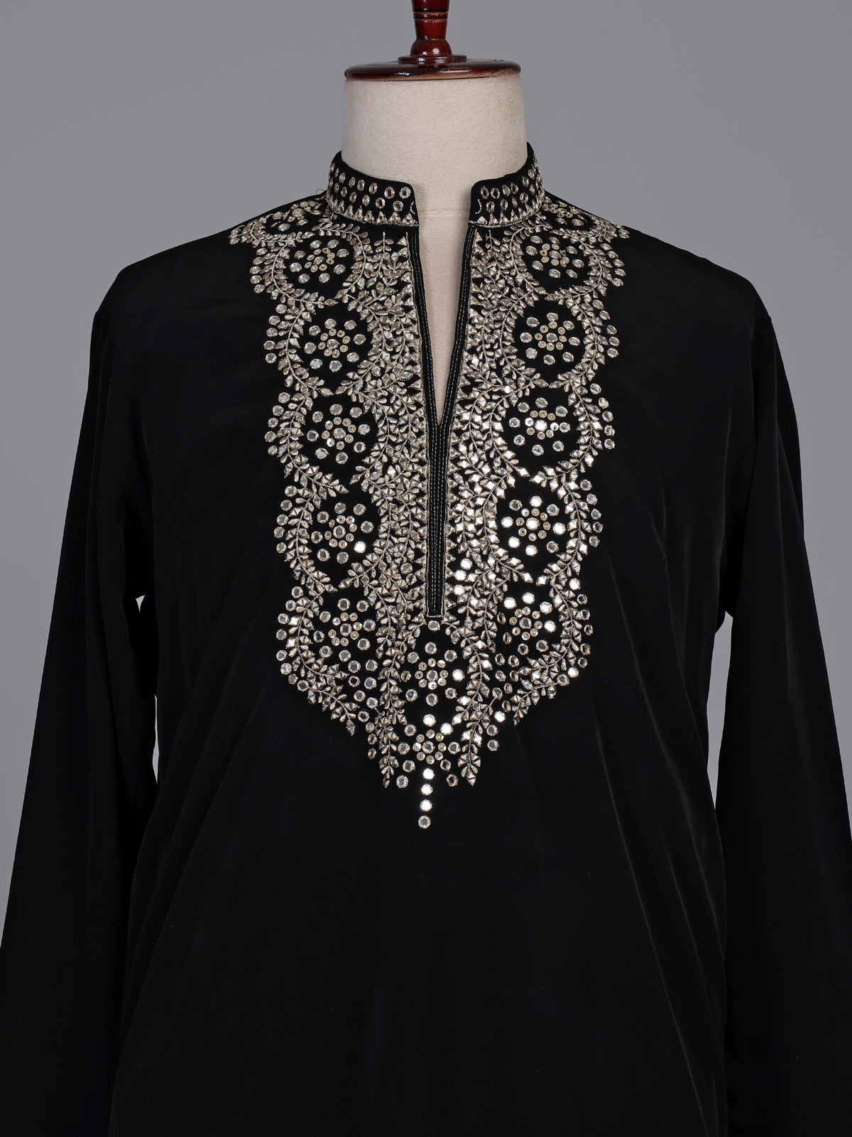 Black cotton blend kurta suit with gold mirror work