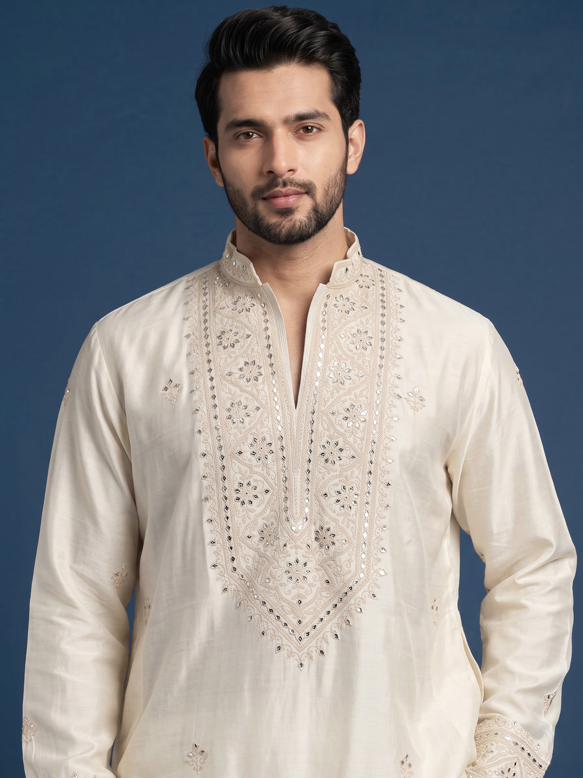White cotton silk kurta suit with gota patti detailing