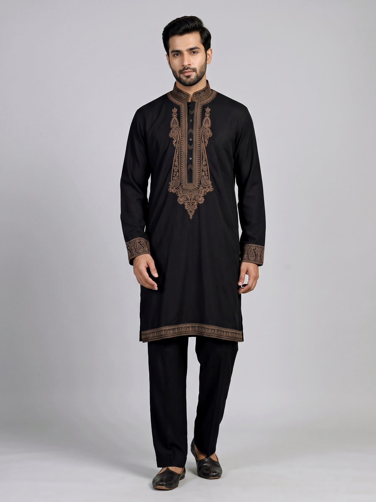 Black cotton kurta suit with antique bronze tilla embroidery