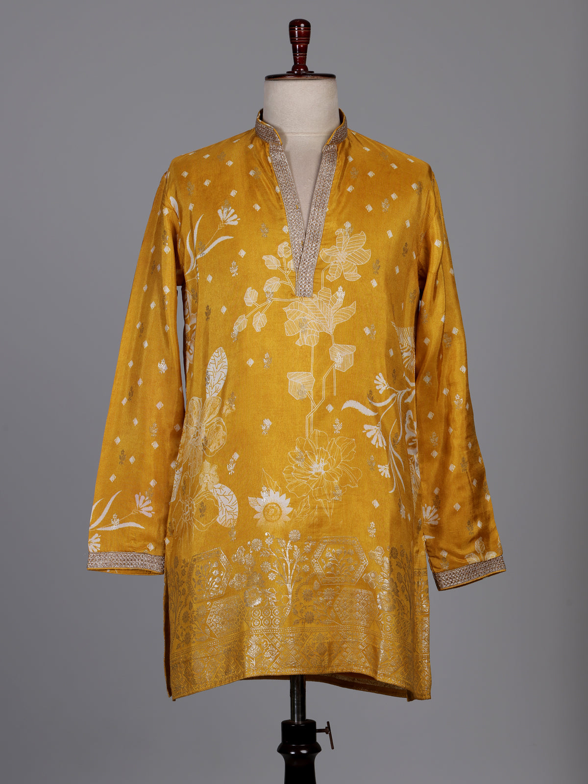 Mustard yellow silk kurta suit with white botanical motifs print