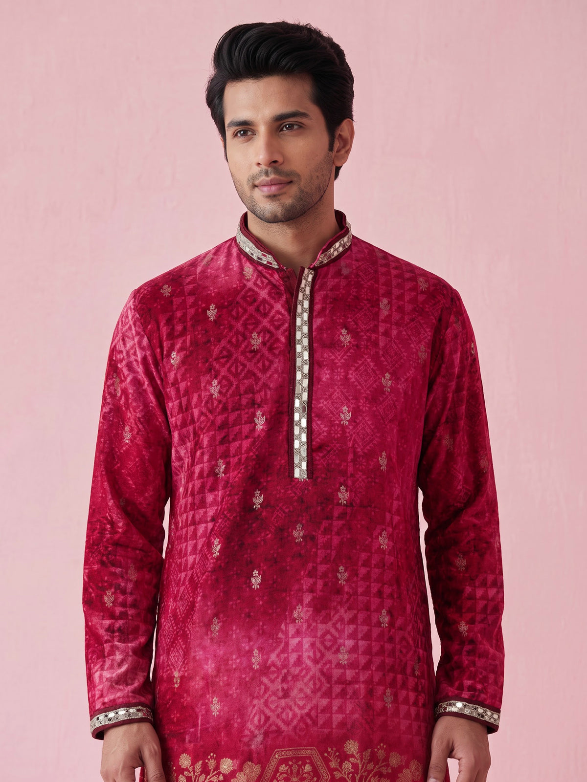 Rani pink bandhani silk kurta suit with mirror work detailing